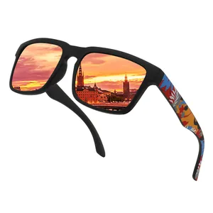 Détail de lunettes de soleil polarisées carrées avec verres à effet miroir colorés.