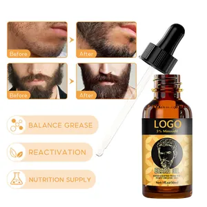 Detail view of 30ml beard growth oil with 5% Minoxidil showing before-after results