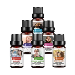 Set of six therapeutic grade 10ml compound essential oils in amber glass bottles