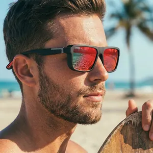 Sporty polarized sunglasses with red mirrored lenses for outdoor cycling and driving.