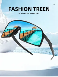 Fashionable large-frame polarized sports sunglasses featuring a tropical beach reflection