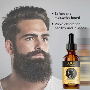 Detailed view of beard oil bottle with 5% Minoxidil and male model with thick beard