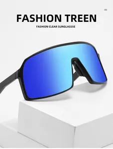 Detail view of oversized polarized cycling sunglasses with blue mirrored lenses