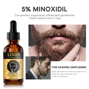 Detail view of 5% Minoxidil beard oil bottle with groomed male model