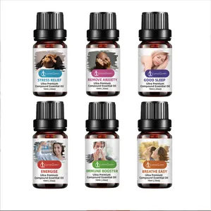 Set of 6 premium compound essential oils in 10ml amber bottles for aromatherapy