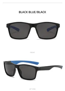 Front and side views of black polarized square sports sunglasses with blue accents