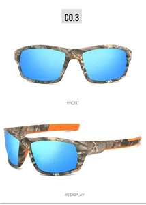 Vues de face et à 45 degrés de lunettes de soleil de sport polarisées camouflage à verres bleus.
