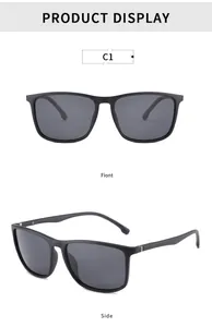 Detalle de gafas de sol cuadradas polarizadas negras con vista frontal y lateral.