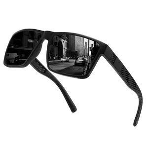 Detail shot of men's black square polarized sports sunglasses with textured arms