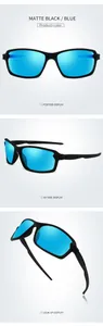 Polarized sports sunglasses in matte black with blue lenses, featuring multiple angle views.