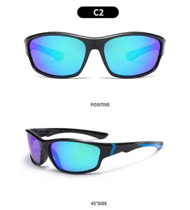 Sports polarized sunglasses with colorful lenses shown in front and side views.