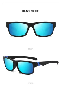 Detailed view of square polarized sports sunglasses featuring blue mirrored lenses and black frame
