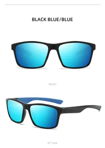 Front and 45-degree side view of black polarized sports sunglasses with blue lenses.