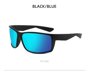 45-degree side view of black frame polarized sports sunglasses with blue mirrored lenses