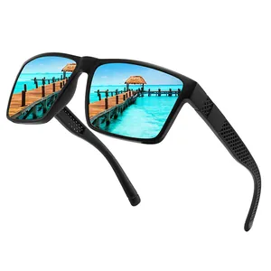 Detailed macro view of mens polarized sports sunglasses featuring blue mirrored lenses