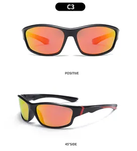 Detailed multi-angle views of polarized sports sunglasses with orange mirrored lenses