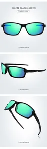Multiple views of matte black sports sunglasses with polarized green mirrored lenses