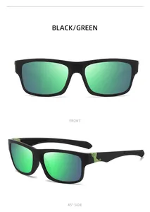 Front and 45-degree side views of black square polarized sports sunglasses with green lenses.