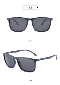 Vistas detalladas de gafas de sol cuadradas en azul mate, perspectivas frontal y lateral