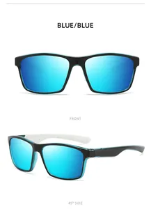 Detailed multi-angle view of blue polarized square sports sunglasses for cycling and driving