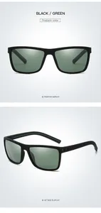 Detailed front and 45-degree side views of black sport polarized sunglasses with green lenses