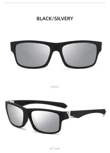 Detail view of black sports sunglasses with silver mirrored lenses from different angles.