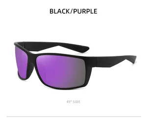 45-degree side view of matte black sports sunglasses with purple mirrored lenses