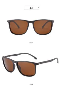 Vistas detalladas frontal y lateral de gafas de sol polarizadas cuadradas en gris oscuro