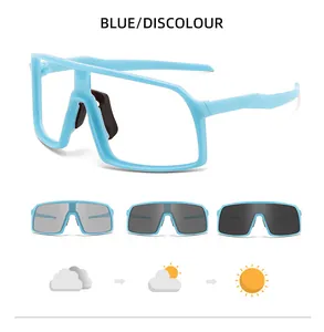 Detail view of blue photochromic cycling glasses showing lens darkening effect.