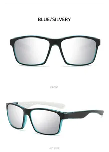 Front and side views of blue and silver polarized outdoor sports sunglasses.