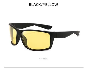 Sporty polarized sunglasses with black square frame and yellow lenses, 45 degree side view.