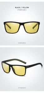 Front and side views of black sports sunglasses with yellow polarized lenses.
