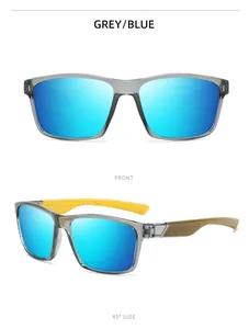 High-quality front and side views of grey and blue polarized square sports sunglasses