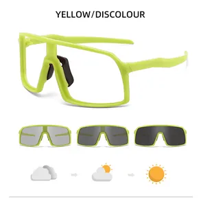 Detail view of photochromic cycling sunglasses with yellow frame showing lens transition