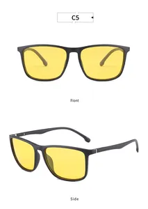 Vista frontal y lateral de gafas de visión nocturna negras cuadradas con lentes amarillas