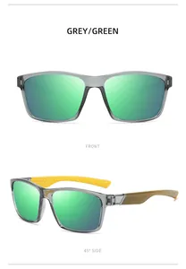Front and 45-degree side views of square outdoor sports sunglasses with green lenses