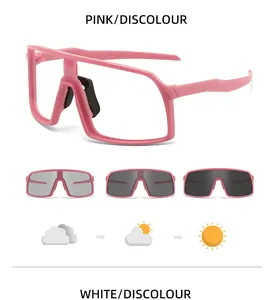 Detail of pink photochromic cycling sunglasses showing lens transition under sunlight.
