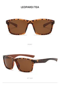 Polarized square sunglasses with leopard print frame and tea lenses, front and side views.