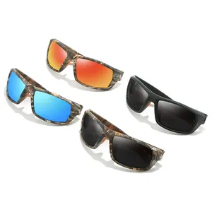 Vue détaillée de lunettes de soleil de sport polarisées en camouflage et noir