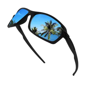 Sporty polarized sunglasses with blue mirrored lenses and black frames for outdoor use