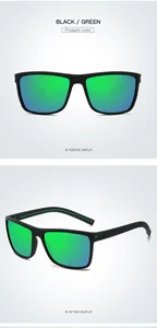 Close-up detail of black sports polarized sunglasses with green mirrored lenses from multiple angles