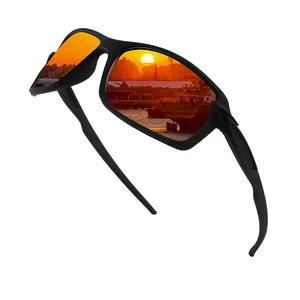 Polarized sports sunglasses with orange mirrored lenses for cycling and fishing use