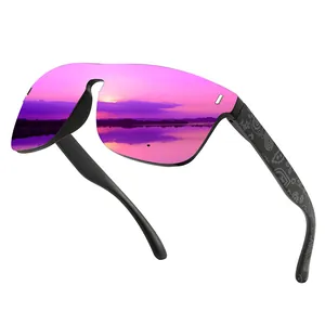 Detail of oversized cycling sunglasses with mirrored purple lenses and paisley patterns