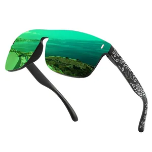 Oversized polarized cycling sunglasses with green mirrored lenses and paisley pattern arms