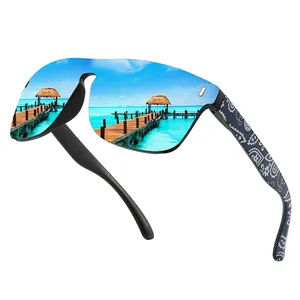 Detail of polarized cycling sunglasses featuring blue mirrored lenses and patterned temples