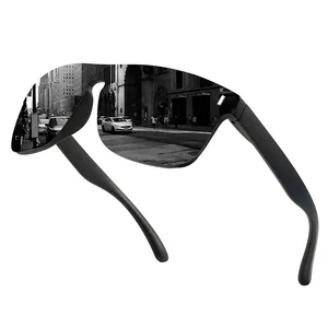 Close-up detail of matte black cycling sunglasses with urban street reflection on lenses