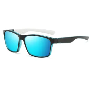 Polarized sports sunglasses with rectangular frame and blue mirrored lenses for cycling.