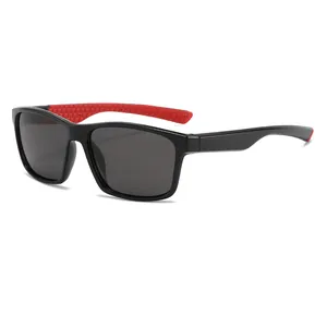 Sporty polarized rectangular sunglasses with black frame and red textured temples