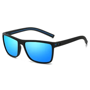 Modern polarized sports sunglasses with blue lenses and textured black frames
