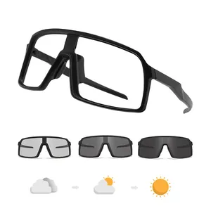 Photochromic cycling sunglasses showing lens transition from clear to a dark tint.